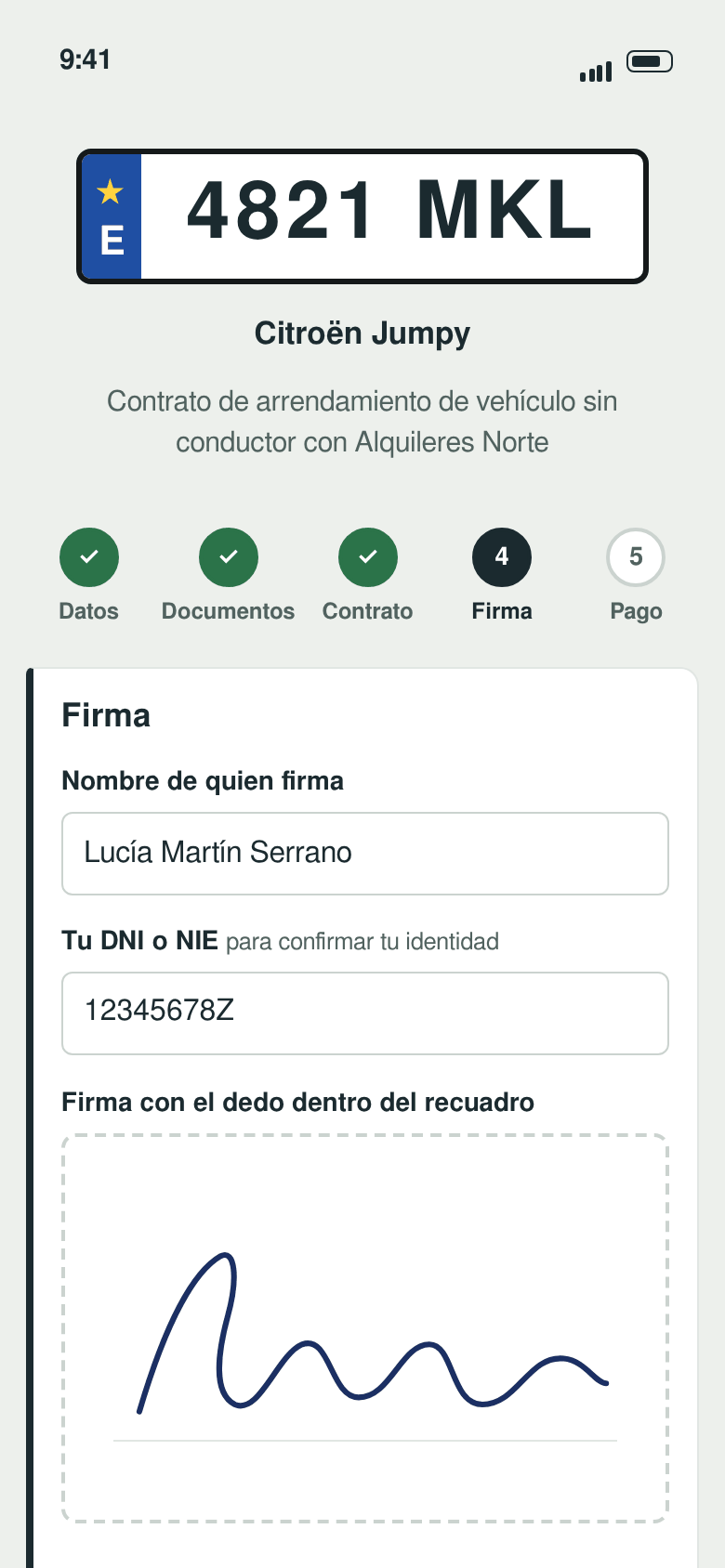 Pantalla de firma del contrato en el móvil