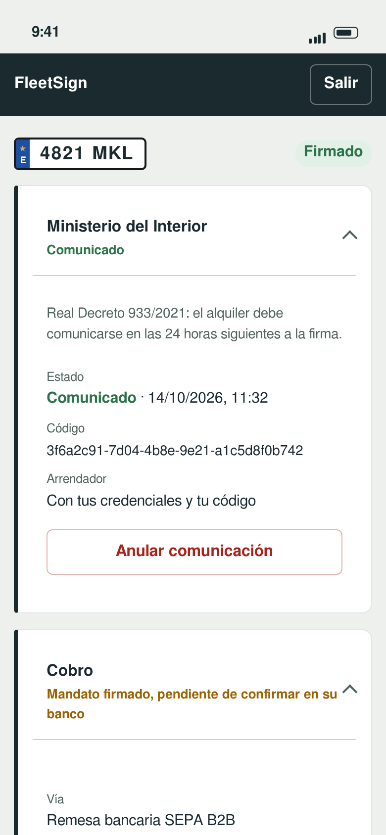 Ficha de un contrato con la comunicación al Ministerio del Interior confirmada y el mandato SEPA firmado